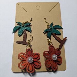 Wooden Floral and Coconut Tree earrings.